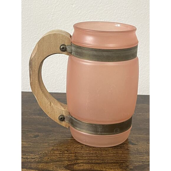 5 Vintage SIESTA WARE Barrel Shaped Frosted Glass Mugs Wood Handles MCM - Picture 6 of 10